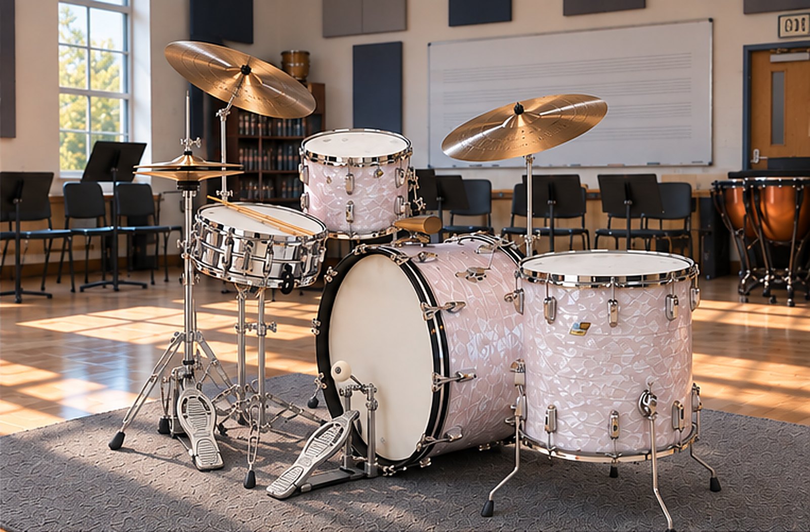 Vintage white marine pearl drum kit in a music teaching room
