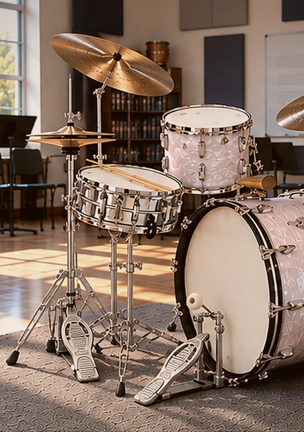 White marine pearl drum kit with hi-hat and snare