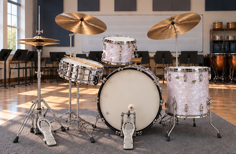 A vintage white marine pearl drum kit