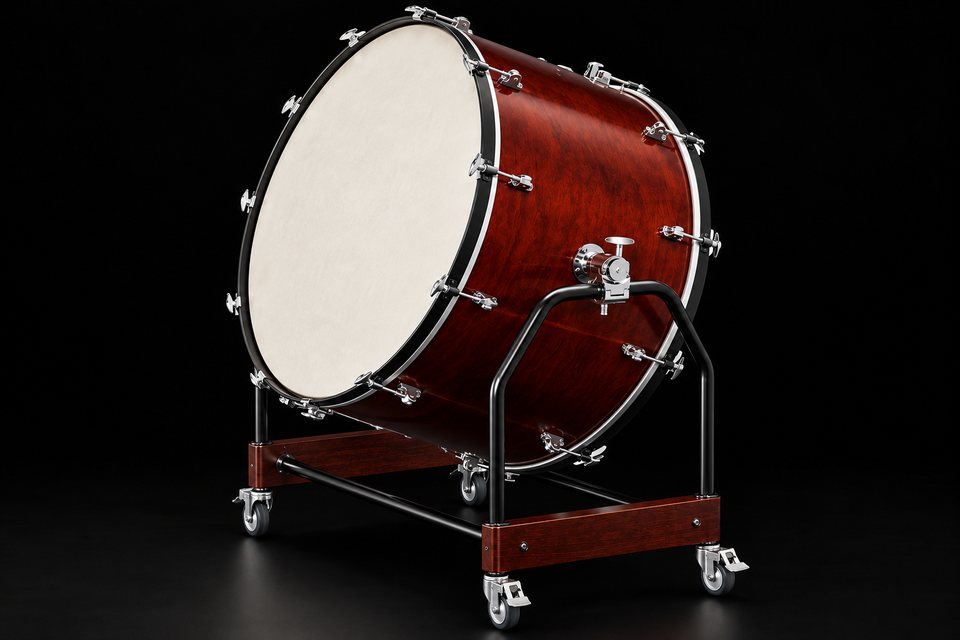 A large mahogany concert bass drum tilted on a wheeled stand