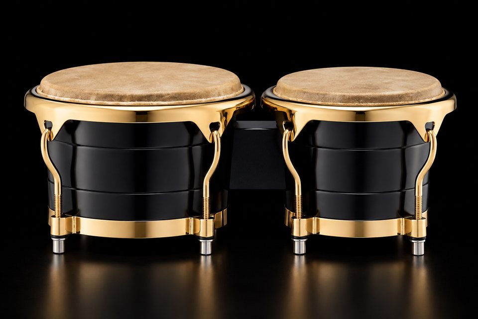 Black bongos with gold hardware and natural skin heads