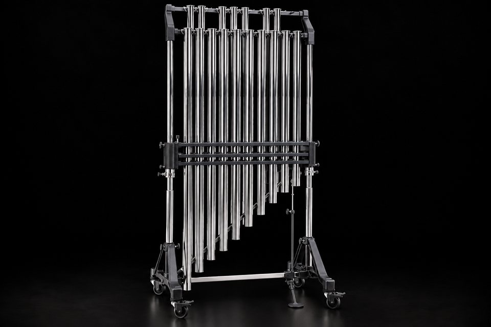 A set of chrome tubular bells (chimes) on a wheeled frame with a damper pedal