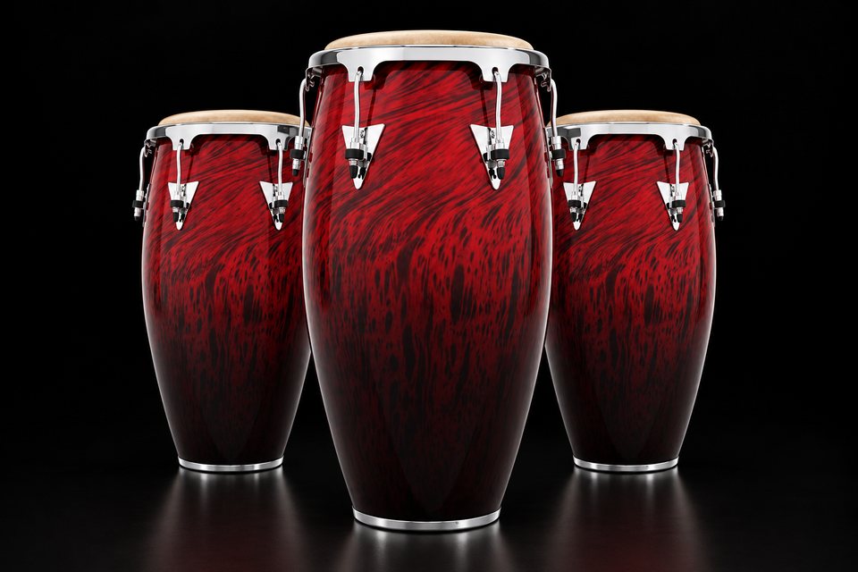Three red congas with chrome hardware