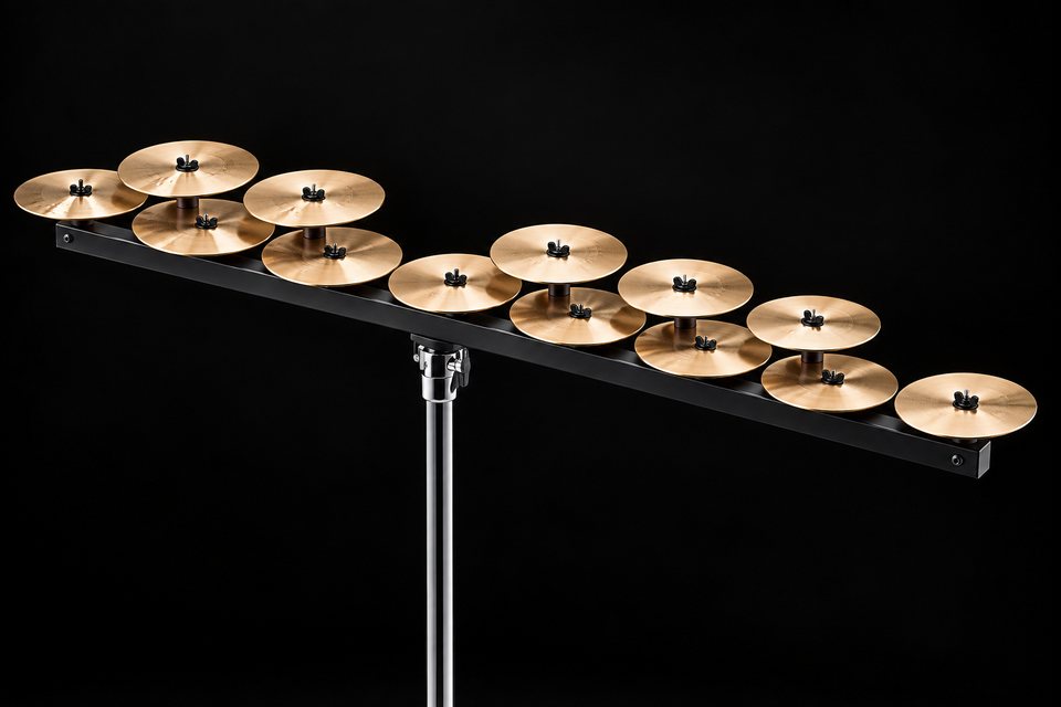 A chromatic octave of bronze crotales mounted on a bar