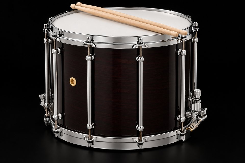 A deep dark-wood field drum with chrome hoops and a pair of sticks on the head