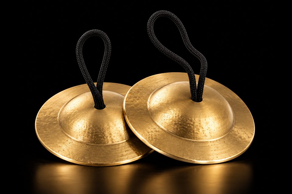 A pair of hammered brass finger cymbals with black cord loops