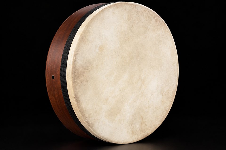 A large wood frame drum with a natural skin head