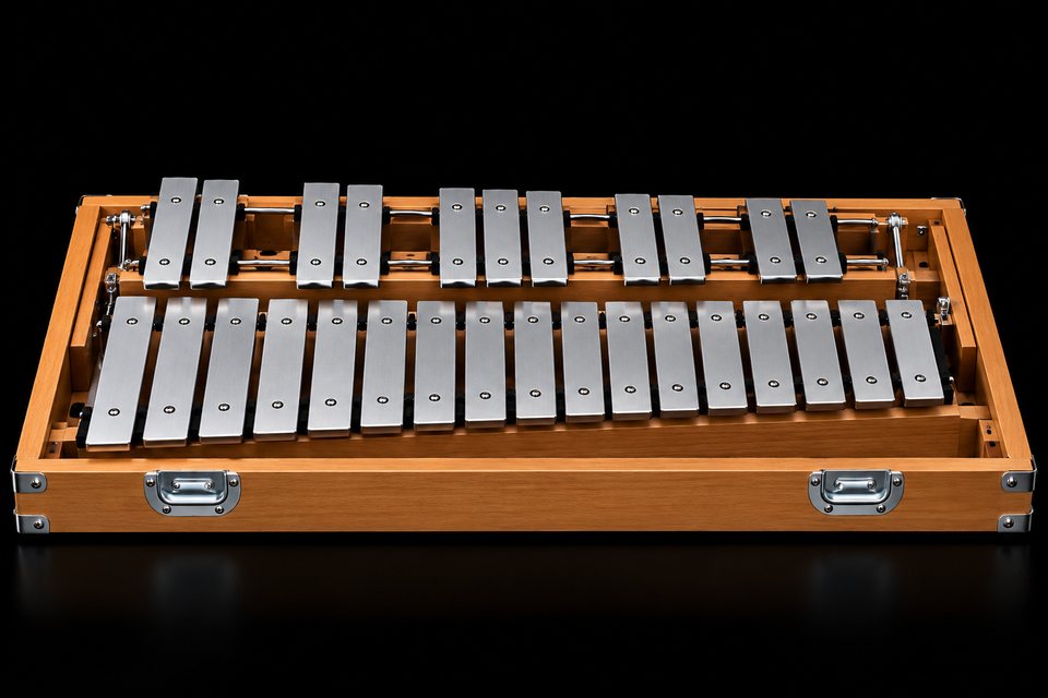 An orchestral glockenspiel with steel bars in a wooden case