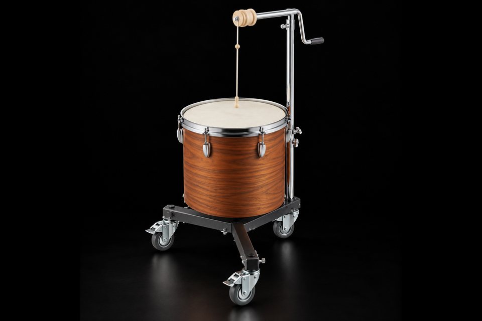 A lion's roar string drum with a cord through the head and a crank on a wheeled stand