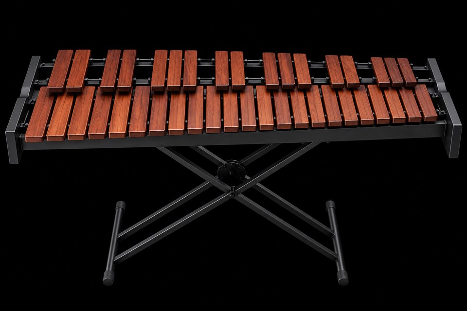 A rosewood practice marimba with two rows of bars on a black X-stand