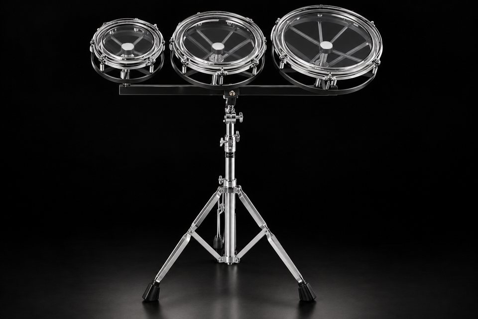 Three chrome roto-toms of different sizes on a stand