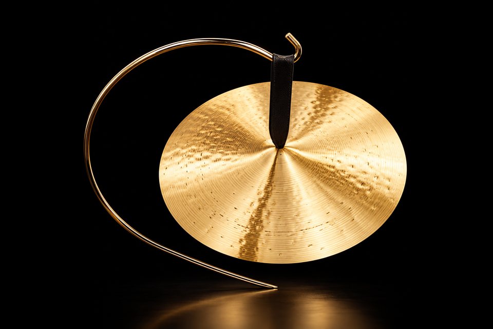 A bronze cymbal hanging from a leather strap on a curved brass stand