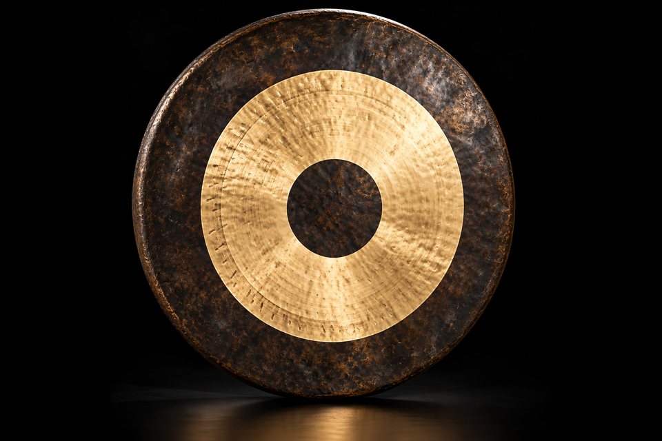 A large hammered bronze tam-tam with a polished gold ring