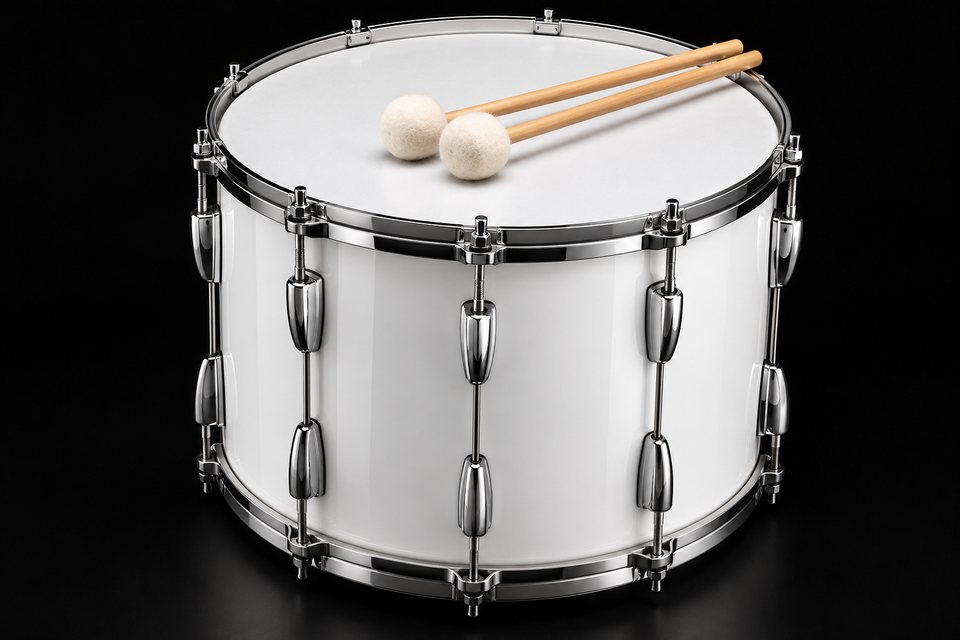 A white orchestral tenor drum with chrome hoops and two felt mallets on the head