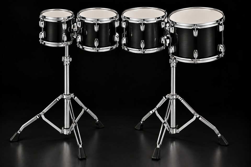 Four black concert toms of different sizes on two stands