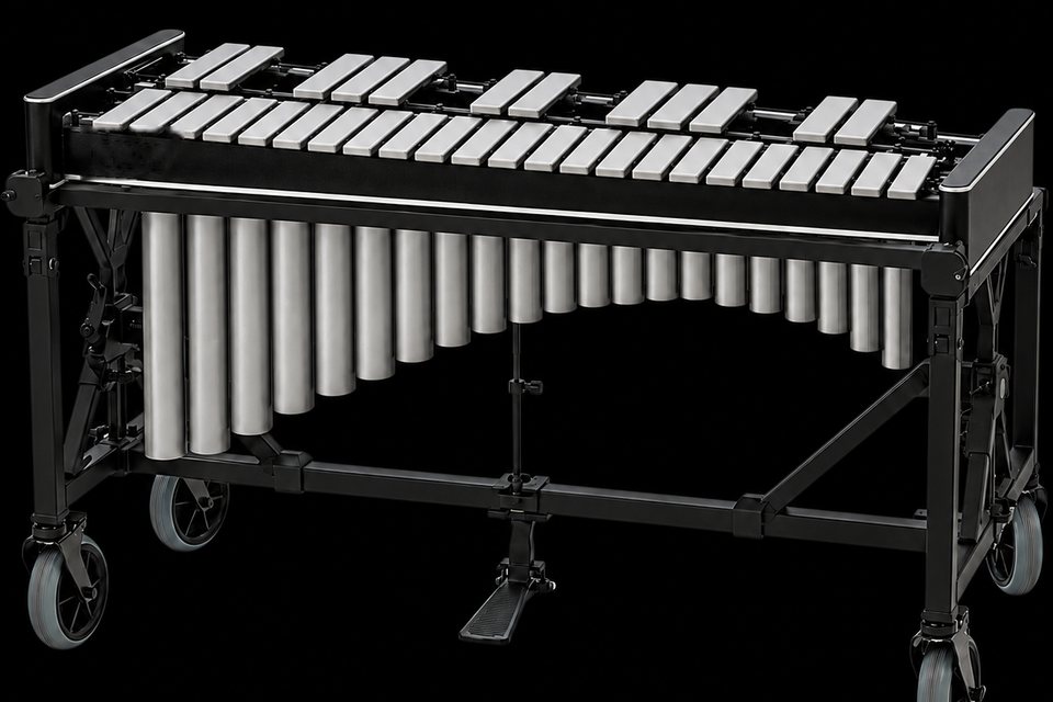 A concert vibraphone with silver aluminum bars, resonator tubes and a sustain pedal